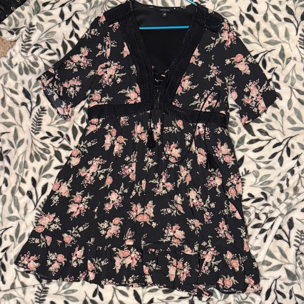 Floral Black Dress with Pink Accents